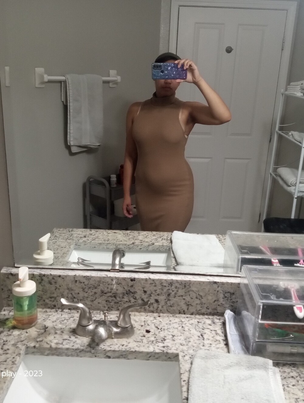 Zara Mock Neck Ribbed Midi Dress Tan Small - Picture 5 of 12